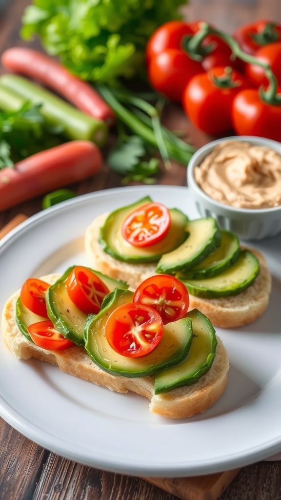 Cloud bread slices topped with avocado and tomatoes, served with hummus on a rustic plate.